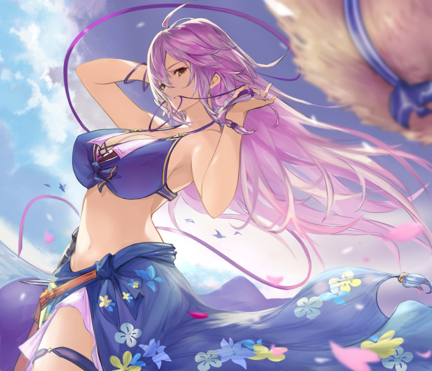 1girl ahoge bare_shoulders bikini bikini_top blue_sky bracelet breasts clouds commentary_request dutch_angle granblue_fantasy hair_ribbon hat hat_removed headwear_removed highres jewelry large_breasts long_hair looking_at_viewer mouth_hold navel nos ribbon ribbon_in_mouth sarong silva_(granblue_fantasy) silver_hair sky solo straw_hat swimsuit thigh_strap yellow_eyes