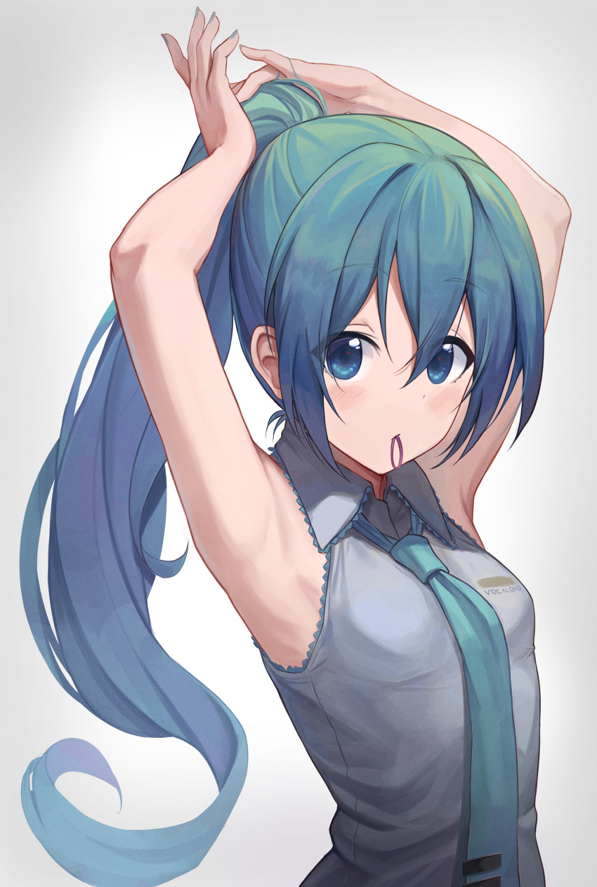 1girl absurdres alternate_hairstyle armpits arms_up bibboss39 commentary grey_background grey_shirt hair_between_eyes hair_tie hatsune_miku highres long_hair looking_at_viewer mouth_hold necktie ponytail shirt sleeveless sleeveless_shirt solo tying_hair upper_body very_long_hair vocaloid