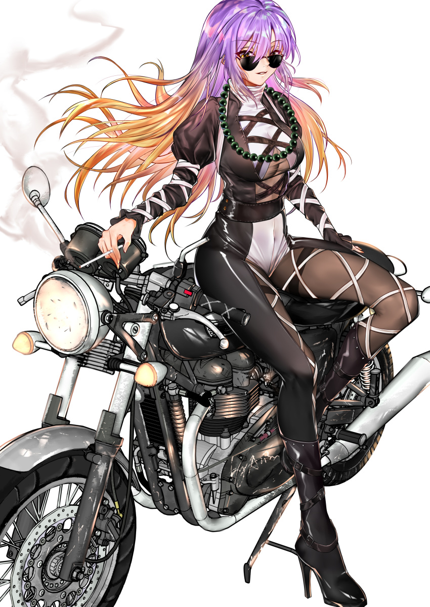 1girl absurdres adapted_costume alternate_costume arisu_(wangyunqiu) bead_necklace beads bespectacled between_fingers biker_clothes bikesuit black_bodysuit black_clothes black_footwear blonde_hair bodysuit boot_straps boots breasts broken brown_hair cigarette cross-laced_clothes eyebrows_visible_through_hair full_body glasses gradient_hair grin ground_vehicle high_heel_boots high_heels highres hijiri_byakuren jewelry juliet_sleeves knee_boots large_breasts long_hair long_sleeves looking_at_viewer motor_vehicle motorcycle multicolored multicolored_bodysuit multicolored_clothes multicolored_hair necklace parted_lips prayer_beads puffy_sleeves purple_hair red-framed_eyewear reflective_eyes sheer_bodysuit shiny shiny_clothes shiny_hair shiny_skin side_mirror sidelocks simple_background sitting sitting_on_object smile smoke smoking solo sunglasses thighs touhou turtleneck white_background white_bodysuit wind yellow_eyes