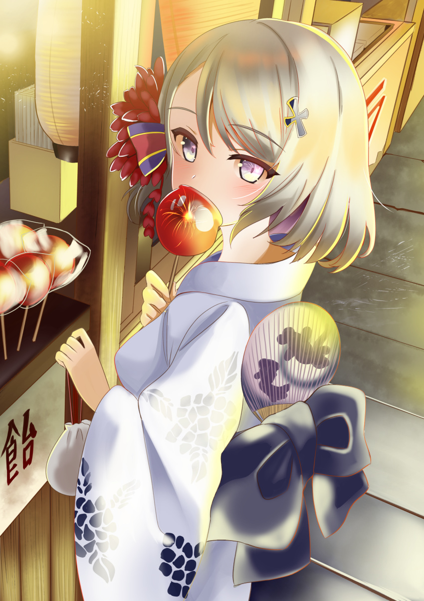1girl absurdres alternate_costume azur_lane candy_apple commentary_request contemporary eating eyebrows_visible_through_hair fan food from_above grey_eyes grey_hair hair_ornament hair_ribbon highres holding holding_food iron_cross japanese_clothes john_manjirou_(love-love-happy21) kimono lampion looking_at_viewer looking_up obi paper_fan ribbon sash short_hair solo stand summer_festival uchiwa wide_sleeves yukata z23_(azur_lane)