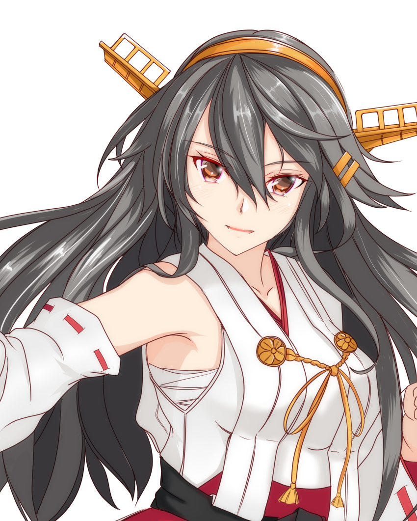 1girl absurdres bare_shoulders black_hair brown_eyes commentary_request detached_sleeves hair_ornament hairband hairclip haruna_(kantai_collection) headgear highres japanese_clothes kantai_collection long_hair looking_at_viewer nitamago_(sakamalh) red_skirt ribbon-trimmed_sleeves ribbon_trim simple_background skirt solo upper_body white_background