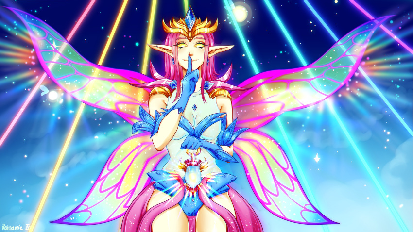 1girl absurdres armor blue_gloves breasts butterfly_wings commentary earrings empress_of_light english_commentary finger_to_mouth gloves highres holding index_finger_raised jewelry lantern moon no_pupils pink_hair pointy_ears see-through shoulder_armor sky smile solo star_(sky) terraria tiara transparent_wings twigileia wings yellow_eyes