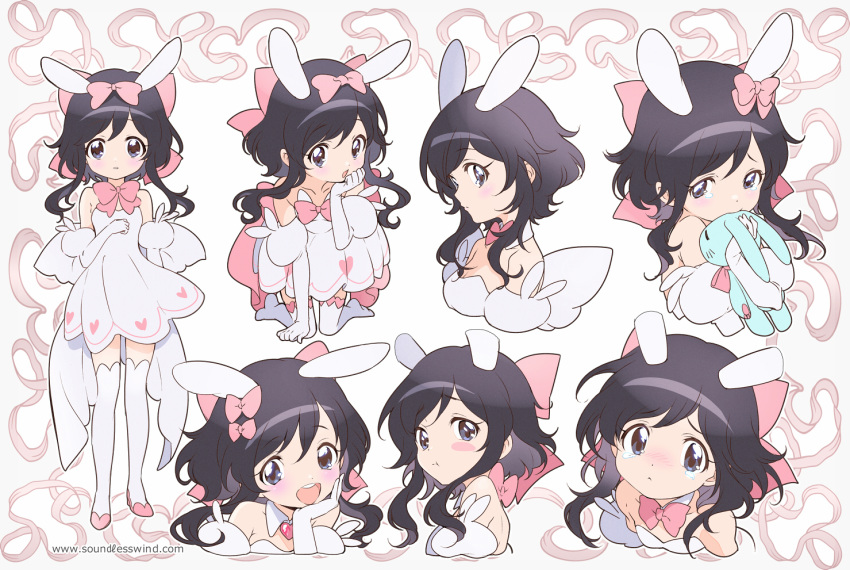 1girl :d :t all_fours animal_ears back_bow bare_shoulders black_hair blush bow bowtie closed_mouth commentary detached_collar dress elbow_gloves english_commentary expressions gloves hair_bow hand_on_own_chin heart kaze-hime looking_at_viewer multiple_views no_shoes object_hug open_mouth original pikkorin_bunny_(kaze-hime) pink_bow pink_footwear pink_neckwear rabbit_ears shoes sidelocks sleeveless sleeveless_dress smile stuffed_animal stuffed_bunny stuffed_toy tears thigh-highs violet_eyes watermark web_address white_dress white_gloves white_legwear