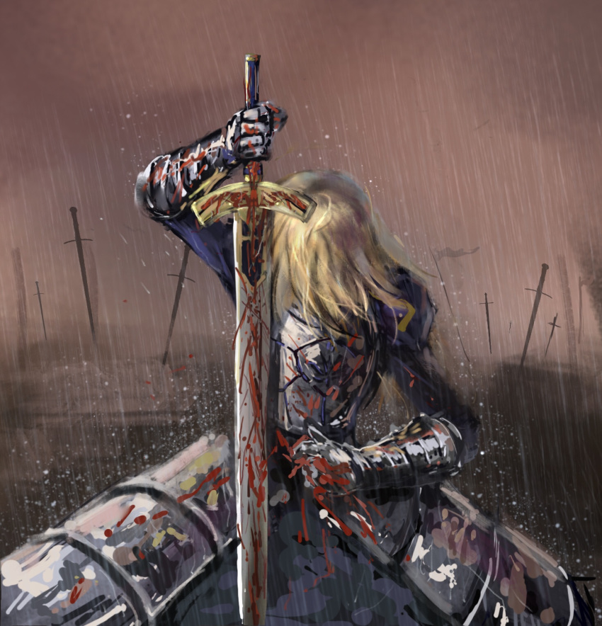 1girl ahoge aleihuai_biao armor armored_dress artoria_pendragon_(all) blonde_hair blood blue_dress breastplate dress excalibur fate/grand_order fate/stay_night fate_(series) field_of_blades gauntlets highres looking_down painterly planted_sword planted_weapon rain saber solo sword weapon