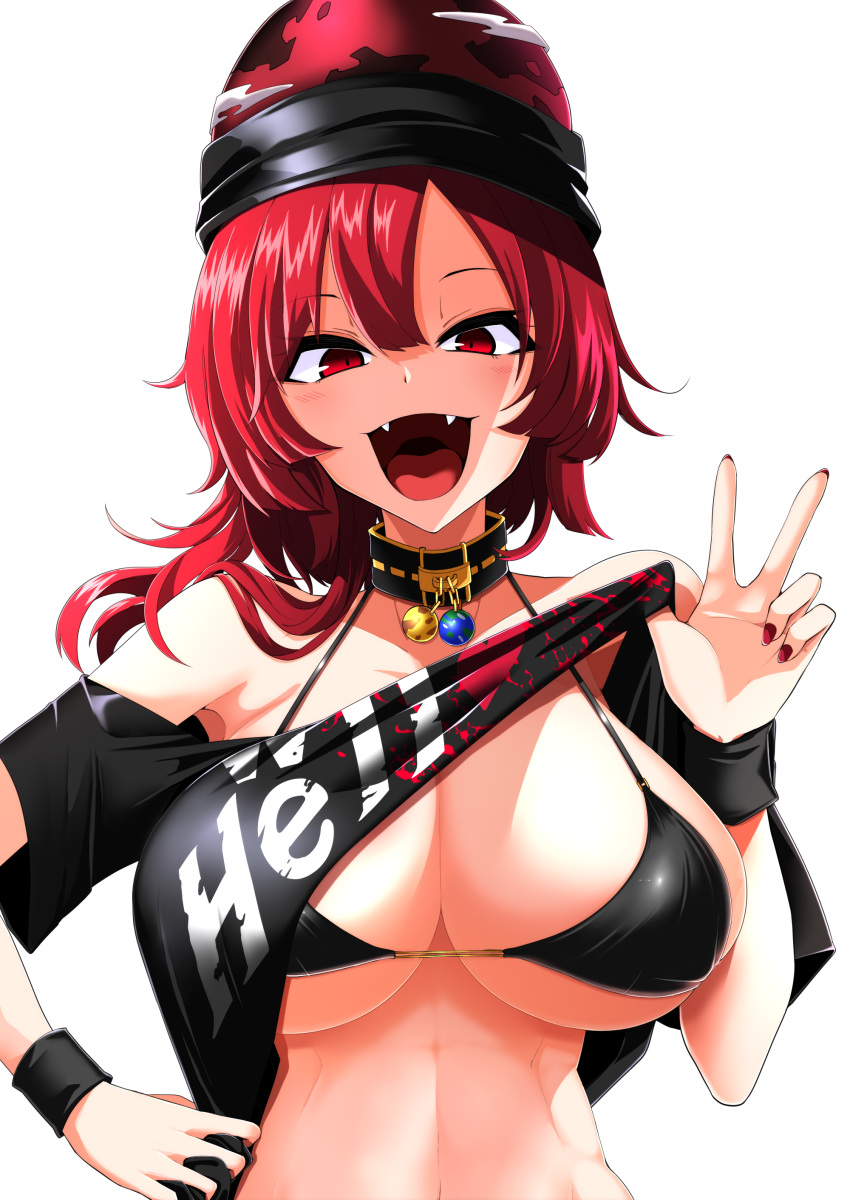 1girl absurdres bare_shoulders bikini black_bikini black_collar black_headwear black_shirt breasts clothes_writing collar fangs hecatia_lapislazuli highres large_breasts lifted_by_self long_hair looking_at_viewer nail_polish open_mouth polos_crown red_eyes red_nails redhead rihito_(usazukin) shirt shirt_lift short_sleeves simple_background smile solo swimsuit touhou upper_body v white_background wristband