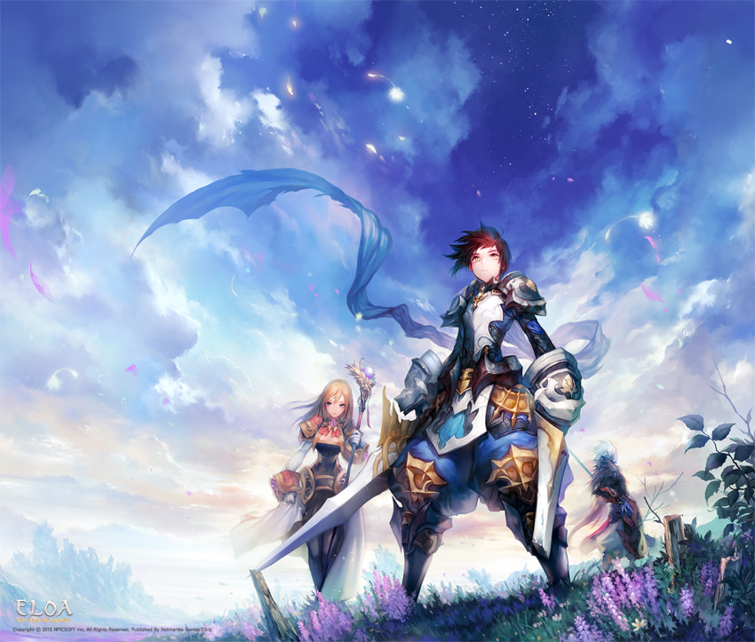 1girl 2boys armor belt blonde_hair blue_eyes blue_scarf branch breastplate broken broken_sword broken_weapon closed_fan closed_mouth clouds cloudy_sky copyright_name danhu dual_wielding elona english_text fan fantasy flower folding_fan fur_trim gauntlets gloves greaves holding holding_staff holding_sword holding_weapon long_hair multiple_boys official_art outdoors pauldrons petals plant pointy_ears puffy_pants purple_flower purple_skin redhead scarf shoulder_armor sky staff standing sword torn_clothes torn_scarf very_long_hair weapon white_flower white_gloves white_hair