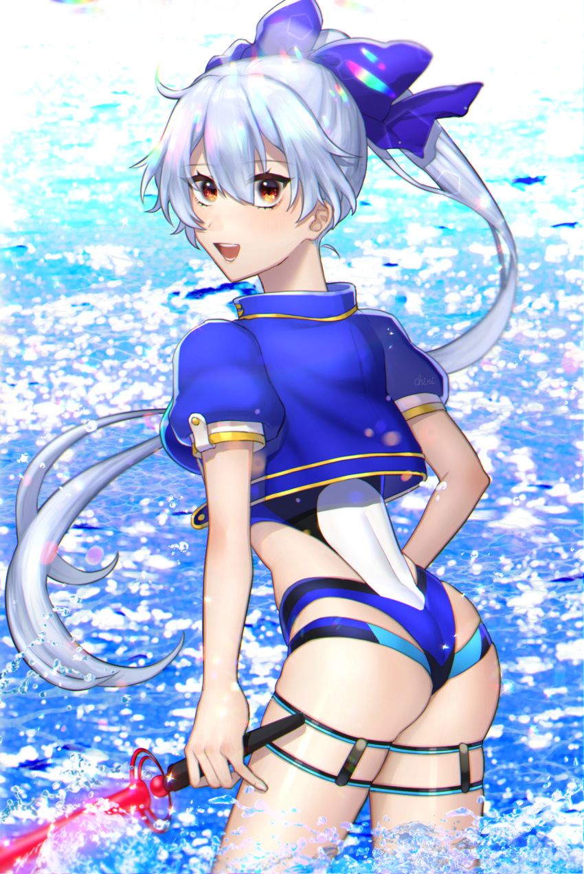 1girl :d ass black_jacket blue_bow blue_swimsuit bow chiri_214 commentary_request day energy_sword fate/grand_order fate_(series) hair_between_eyes hair_bow highres jacket long_hair looking_at_viewer looking_back multicolored multicolored_clothes multicolored_swimsuit ocean one-piece_swimsuit open_mouth ponytail red_eyes short_sleeves silver_hair smile solo swimsuit sword tomoe_gozen_(fate/grand_order) tomoe_gozen_(swimsuit_saber)_(fate) very_long_hair water weapon white_swimsuit