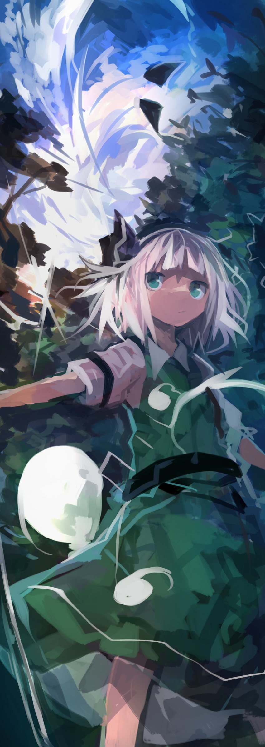 1girl absurdres bangs black_hairband blunt_bangs bob_cut closed_mouth clouds ghost green_eyes green_skirt green_vest hair_ribbon hairband highres kaamin_(mariarose753) konpaku_youmu konpaku_youmu_(ghost) outdoors ribbon shirt short_hair short_sleeves skirt skirt_set sky solo touhou tree vest white_hair white_shirt