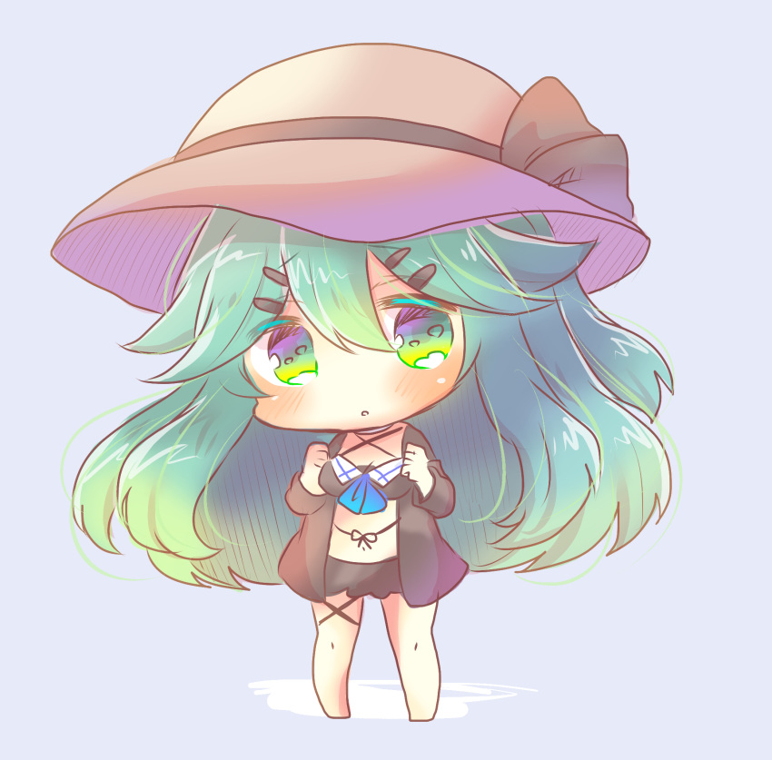 1girl :o bangs barefoot bikini black_bikini black_bow black_jacket blue_background blush bow breasts brown_headwear chibi eyebrows_visible_through_hair full_body green_eyes green_hair hair_between_eyes hair_ornament hairclip hat hat_bow head_tilt highres jacket kantai_collection kouu_hiyoyo long_hair looking_at_viewer medium_breasts open_clothes open_jacket parted_lips solo standing sun_hat swimsuit twitter_username very_long_hair yamakaze_(kantai_collection)