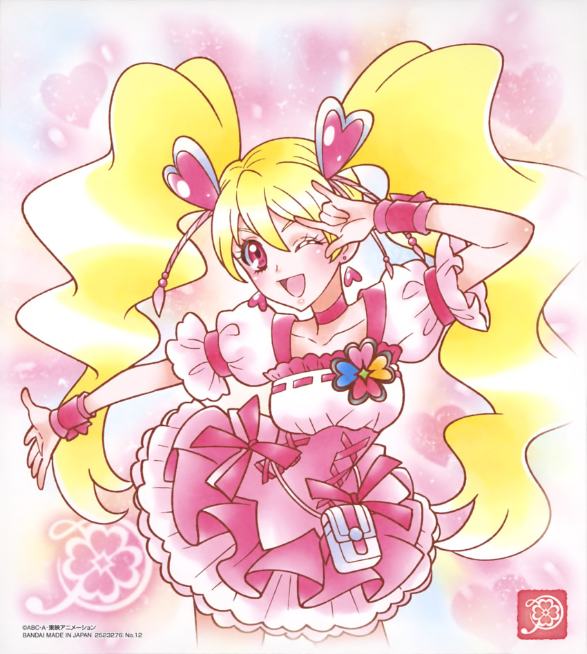 1girl ;d bangs blonde_hair bustier choker collarbone contrapposto cowboy_shot cure_peach earrings floating_hair fresh_precure! hair_between_eyes hair_ornament heart heart_hair_ornament highres jewelry long_hair miniskirt official_art one_eye_closed open_mouth pink_choker precure red_eyes shiny shiny_hair shiny_skin shirt short_sleeves skirt smile solo standing very_long_hair white_shirt white_skirt