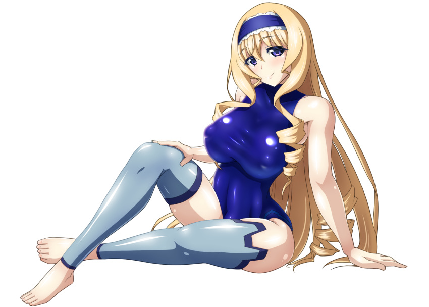 1girl blonde_hair blue_eyes blue_hairband blue_leotard blush breasts cecilia_alcott covered_navel covered_nipples curly_hair drill_hair hairband highres infinite_stratos large_breasts leotard lolita_hairband long_hair looking_at_viewer pilot_suit shiny shiny_hair shiny_skin simple_background sitting skin_tight smile solo taut_clothes thigh-highs white_background yurinozuku1112