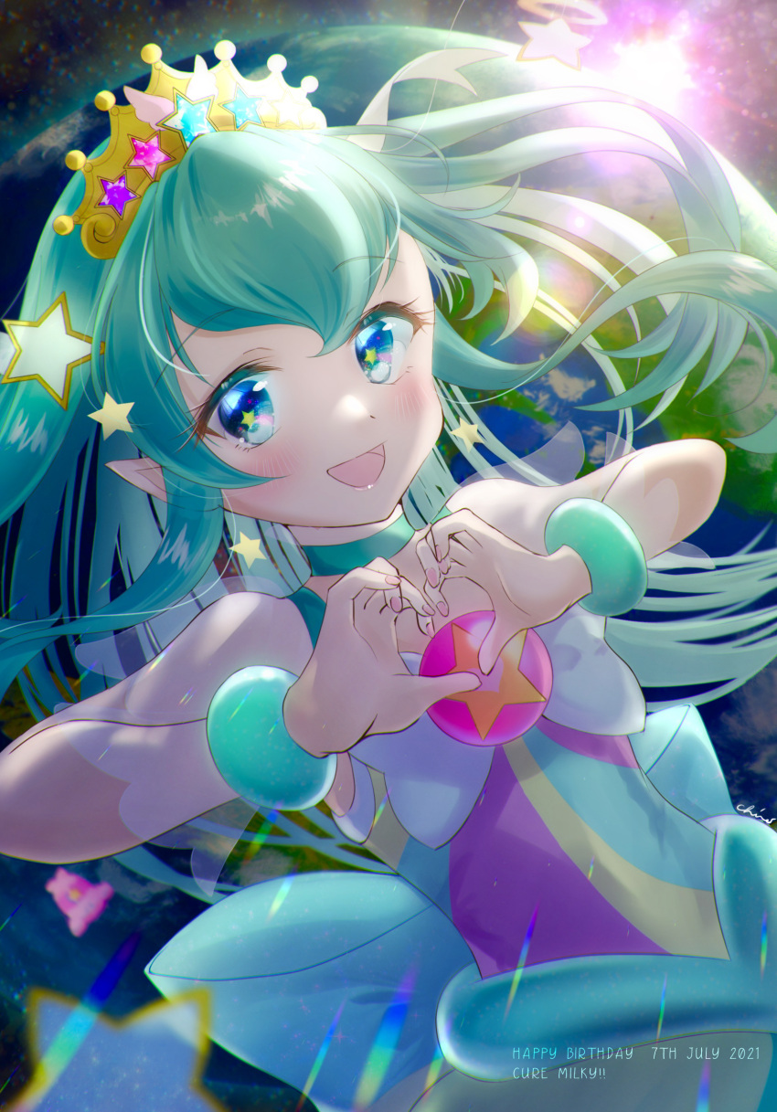 1girl 2021 :d blue_eyes blush bracelet choker cure_milky dated diadem floating_hair green_choker green_hair happy_birthday heart heart_hands highres jewelry long_hair looking_at_viewer minccino7 nail_polish open_mouth pink_nails pointy_ears precure see-through_sleeves shiny shiny_hair smile solo star-shaped_pupils star_(symbol) star_twinkle_precure symbol-shaped_pupils