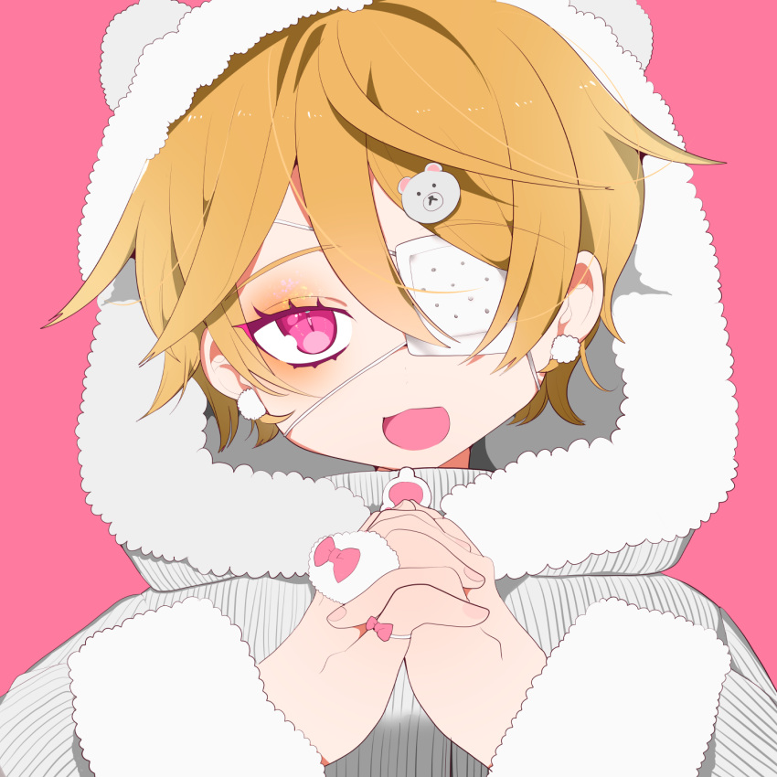 1boy bear_hair_ornament bear_hood bow brown_hair earrings eyebrows_visible_through_hair eyepatch fur-trimmed_hood fur-trimmed_sleeves fur_trim hair_between_eyes hair_ornament hands_clasped highres hood jewelry open_mouth original otoko_no_ko own_hands_together parka pink_background pink_bow pink_eyes simple_background solo upper_body watariganikun