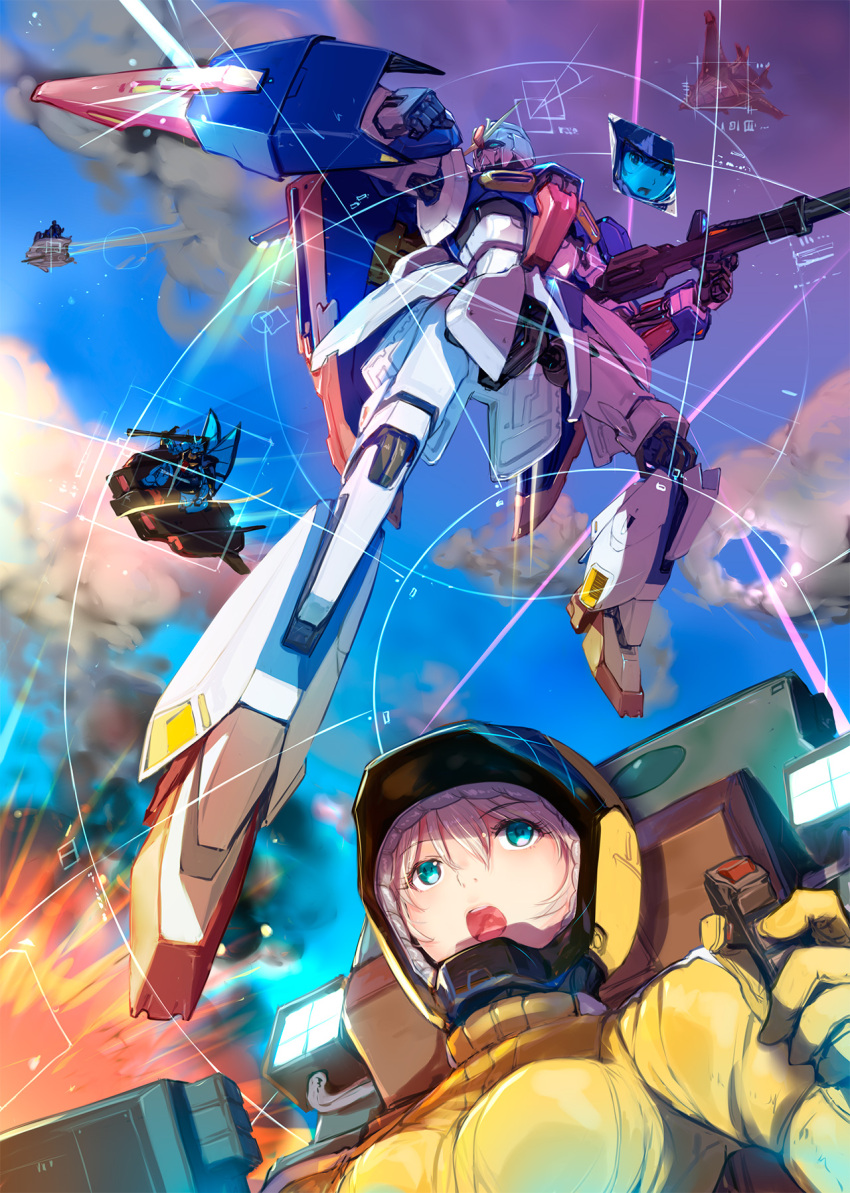 base_jabber battle beam beam_rifle beam_saber clouds cockpit dijeh energy_gun explosion from_below gundam highres mecha mikazuki_akira! shield space_helmet spacesuit weapon zeta_gundam zeta_gundam_(mobile_suit)