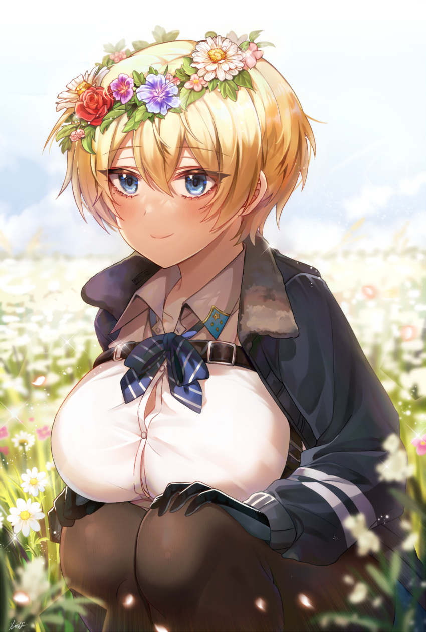 1girl bangs black_gloves black_jacket black_legwear blonde_hair blue_eyes blue_neckwear blue_skirt blue_sky blurry blush breasts button_gap collarbone collared_shirt cowboy_shot day depth_of_field eyebrows_visible_through_hair field flower flower_field girls_frontline gloves hair_between_eyes hair_ornament hands_on_own_knees head_wreath highres jacket large_breasts long_sleeves looking_to_the_side mole mole_under_eye neck_ribbon nelf outdoors pantyhose ribbon shirt shirt_tucked_in short_hair sidelocks signature skirt sky smile snap-fit_buckle snowflake_hair_ornament solo_focus sparkle squatting vsk-94_(girls_frontline) white_flower white_shirt