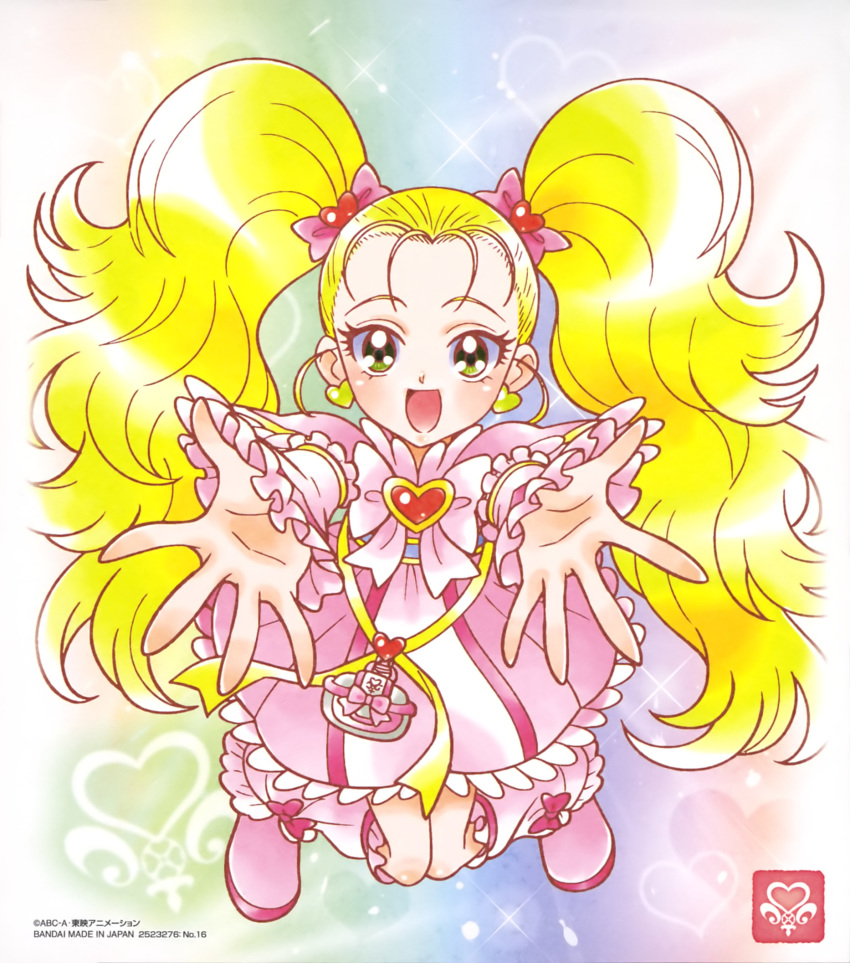 1girl :d blonde_hair bow detached_sleeves dress earrings floating_hair frilled_sleeves frills full_body futari_wa_precure futari_wa_precure_max_heart green_eyes hair_bow hair_ornament heart heart_earrings heart_hair_ornament highres jewelry long_hair long_sleeves looking_at_viewer official_art open_mouth pink_bow pink_capelet pink_dress pink_footwear pink_sleeves precure shiny shiny_hair shiny_luminous short_dress smile solo twintails very_long_hair