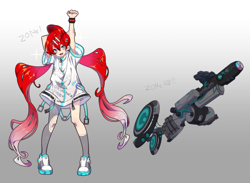 1girl arm_behind_head arm_up asymmetrical_legwear dive_to_zone full_body gradient gradient_background gradient_hair grey_legwear hair_between_eyes jacket letter_hair_ornament long_hair looking_at_viewer multicolored_hair open_mouth personification pink_eyes power_symbol redhead shoes short_sleeves sneakers solo standing studded_bracelet twintails v-shaped_eyebrows very_long_hair weapon white_jacket yoruhachi