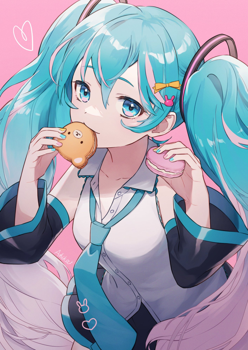 1girl aqua_eyes aqua_hair aqua_nails aqua_necktie ashika_(yftcc948) bare_shoulders black_skirt black_sleeves collarbone collared_shirt commentary detached_sleeves food food_in_mouth grey_shirt hair_between_eyes hair_ornament hairclip hands_up hatsune_miku heart highres holding holding_food long_hair looking_at_viewer loose_necktie macaron multicolored_hair multicolored_nails nail_polish necktie pink_background pink_hair pink_nails shirt skirt sleeveless sleeveless_shirt solo symbol-only_commentary twintails upper_body very_long_hair vocaloid wide_sleeves