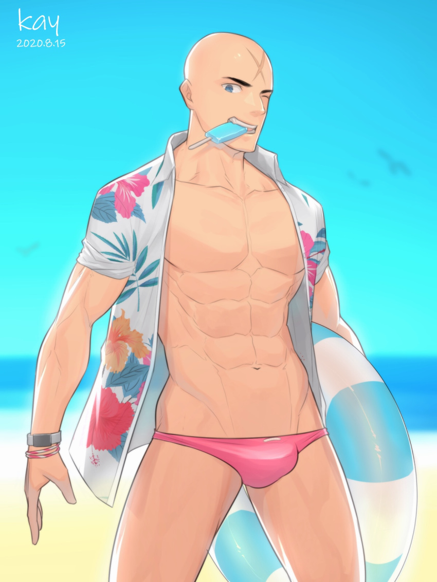 1boy abs alternate_costume bald blue_eyes bulge chest cross_scar fate/grand_order fate_(series) highres houzouin_inshun_(fate/grand_order) hunterkay jewelry looking_at_viewer male_focus muscle outdoors pectorals scar smile solo summer water