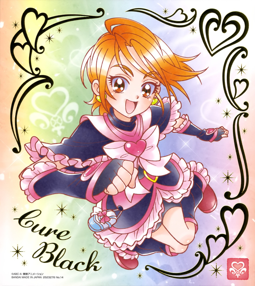 1girl :d ahoge bike_shorts black_capelet black_gloves black_legwear black_shorts black_sleeves brown_eyes brown_hair capelet character_name cure_black detached_sleeves earrings fingerless_gloves frilled_capelet frilled_sleeves frills full_body futari_wa_precure gloves heart heart_earrings highres jewelry layered_skirt leg_warmers long_sleeves looking_at_viewer miniskirt official_art open_mouth precure red_footwear shiny shiny_hair short_hair short_shorts shorts skirt smile solo