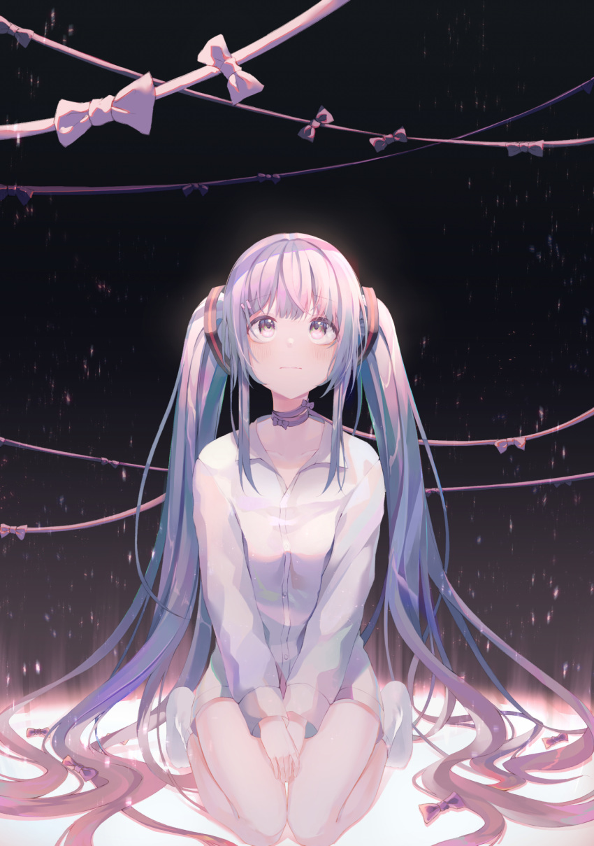 1girl black_background blue_eyes blue_hair bow bowtie collar dustea hair_ornament hands_on_lap hatsune_miku highres long_hair long_sleeves looking_up seiza shirt sitting socks string twintails very_long_hair vocaloid white_shirt