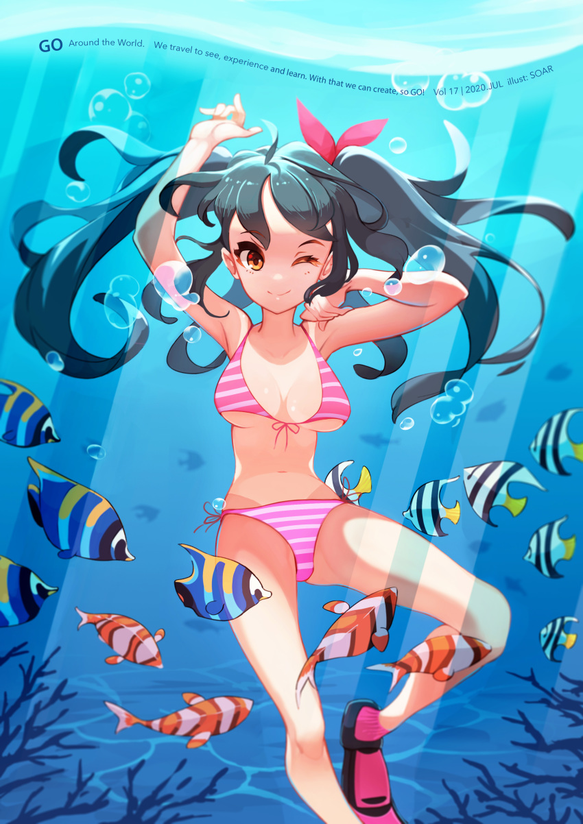 1girl absurdres bikini black_hair bow breasts english_text engrish_text flippers front-tie_top hair_bow highres large_breasts navel one_eye_closed original ranguage side-tie_bikini smile soar striped striped_bikini swimsuit tan tanline tropical_fish twintails underwater yellow_eyes