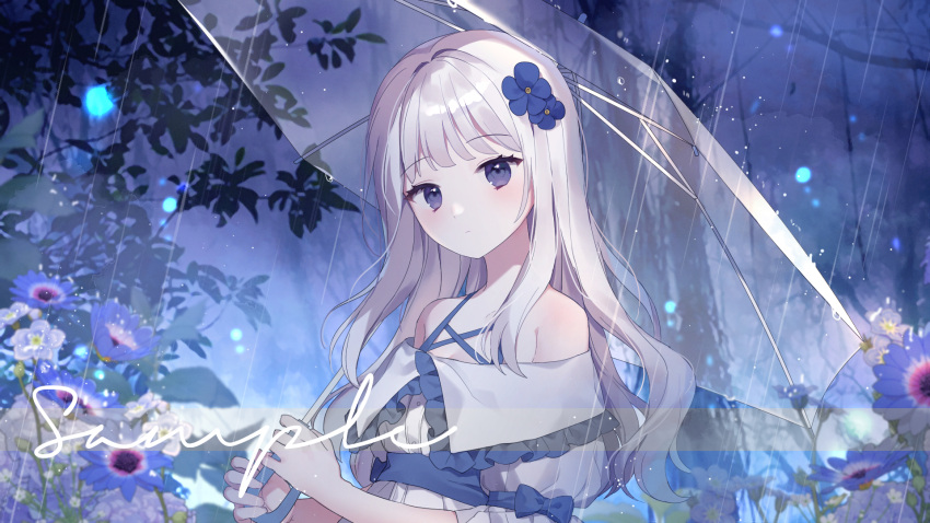 1girl blue_eyes blue_flower blurry blurry_background closed_mouth collared_dress commission depth_of_field dress flower frilled_shirt_collar frills grey_hair hair_flower hair_ornament highres holding holding_umbrella long_hair looking_at_viewer moffle_(ayabi) night off-shoulder_dress off_shoulder original outdoors puffy_short_sleeves puffy_sleeves rain short_sleeves solo transparent transparent_umbrella tree umbrella watermark white_dress