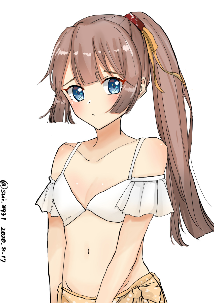 1girl absurdres bikini brown_hair collarbone commentary_request dated flat_chest grey_eyes hair_ribbon highres kantai_collection kazagumo_(kantai_collection) long_hair looking_at_viewer ponytail ribbon sarong side-tie_bikini simple_background solo swimsuit tamako_(sui_8931) twitter_username white_background white_bikini