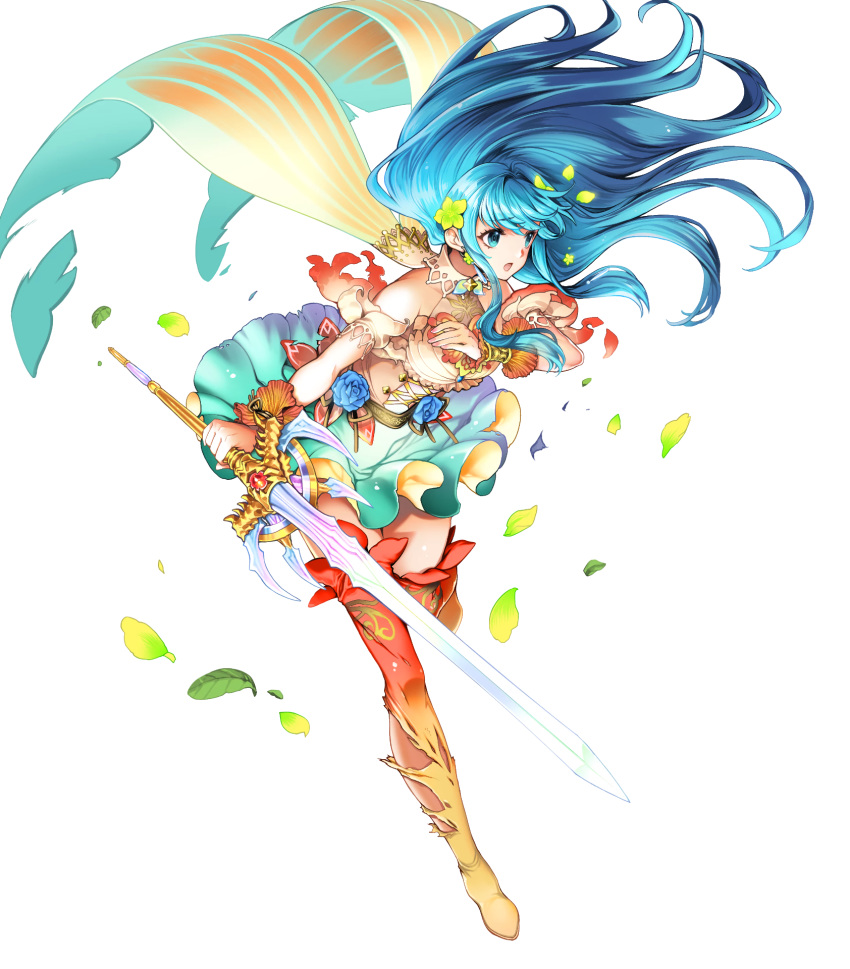 1girl aqua_hair artist_request bangs bare_shoulders blue_eyes boots bracelet breasts earrings eirika_(fire_emblem) fingernails fire_emblem fire_emblem:_the_sacred_stones fire_emblem_heroes flower frills full_body gradient gradient_clothes hair_flower hair_ornament highres jewelry long_hair medium_breasts miniskirt official_art shiny shiny_hair skirt solo thigh-highs thigh_boots transparent_background wrist_cuffs zettai_ryouiki