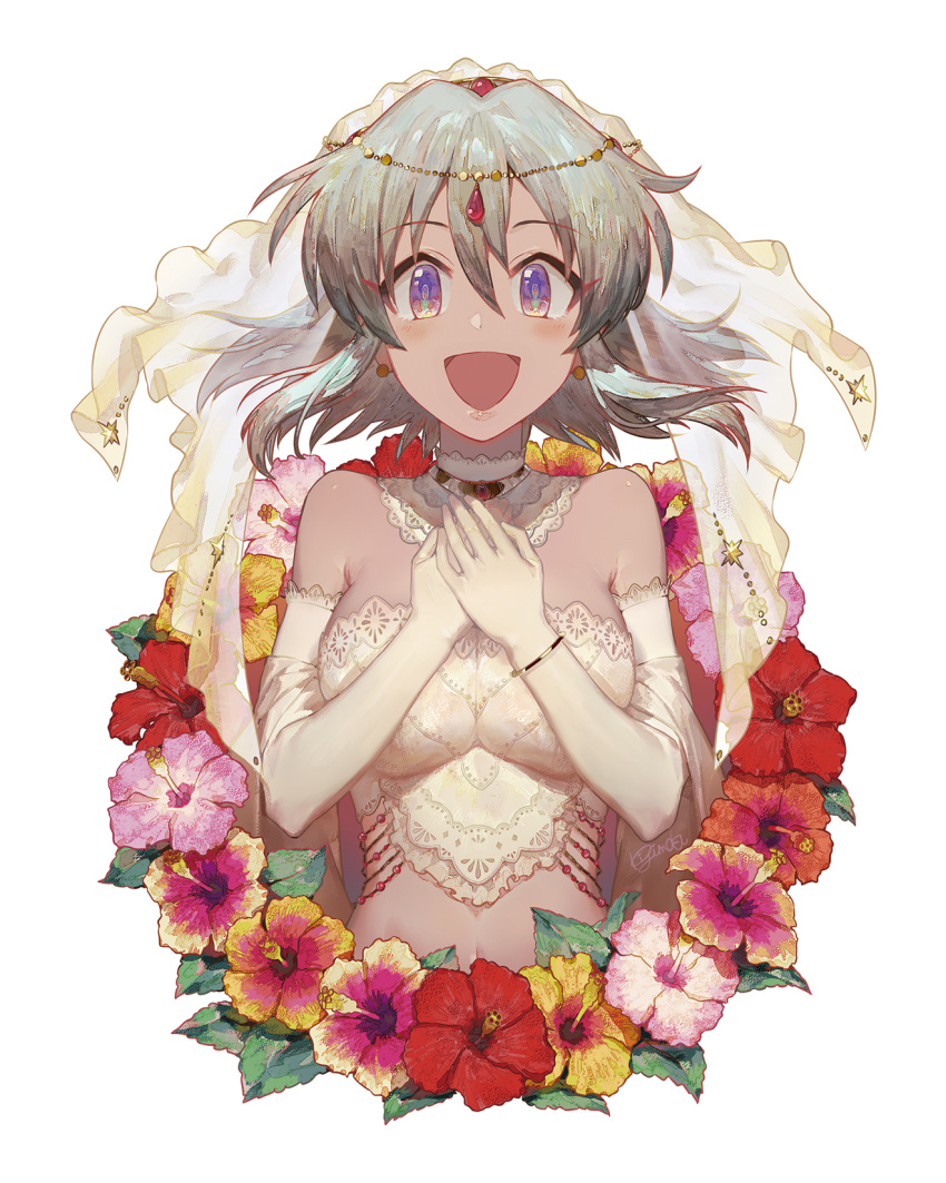 1girl :d bare_shoulders bracelet breasts bridal_veil commentary_request dark_skin detached_collar dress elbow_gloves flower gloves grey_hair hair_between_eyes hands_on_own_chest highres idolmaster idolmaster_cinderella_girls jewelry large_breasts midriff natalia_(idolmaster) open_mouth shinshu_no_mushi short_hair simple_background smile solo strapless strapless_dress upper_body veil violet_eyes wedding_dress white_background white_dress white_gloves
