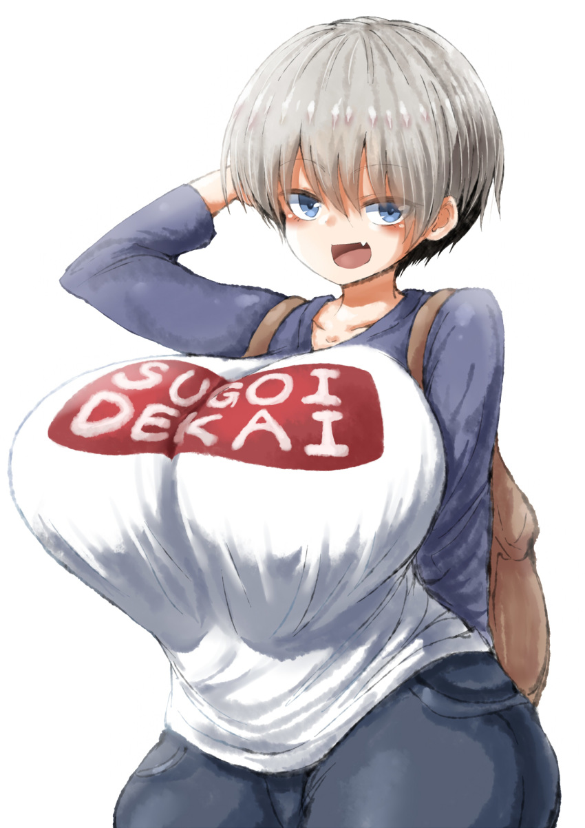 1girl 2b-ge arm_behind_head arm_up bag blue_eyes blush bookbag breasts commentary_request denim fang highres huge_breasts jeans large_breasts looking_at_viewer pants raglan_sleeves short_hair silver_hair simple_background solo thick_thighs thighs uzaki-chan_wa_asobitai! uzaki_hana white_background wide_hips