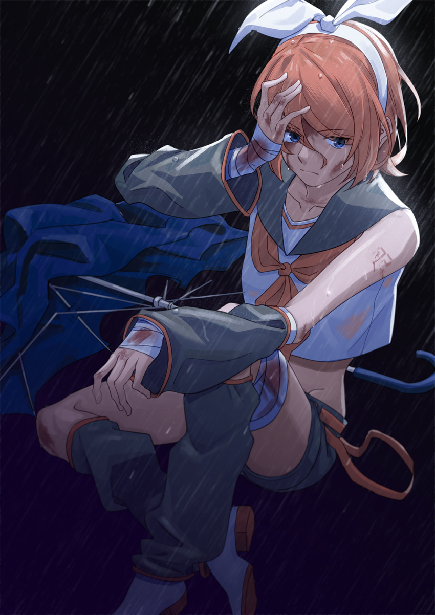 1girl arm_warmers bandaged_hands bandages bare_shoulders belt black_background blonde_hair blood bloody_bandages blue_eyes bow broken_umbrella collar commentary crop_top grey_collar hair_bow hand_on_own_head highres kagamine_rin leg_warmers looking_away neckerchief rain sailor_collar school_uniform shirt short_shorts shorts sitting sleeveless sleeveless_shirt solo umbrella vocaloid white_bow white_shirt wounds404 yellow_neckwear