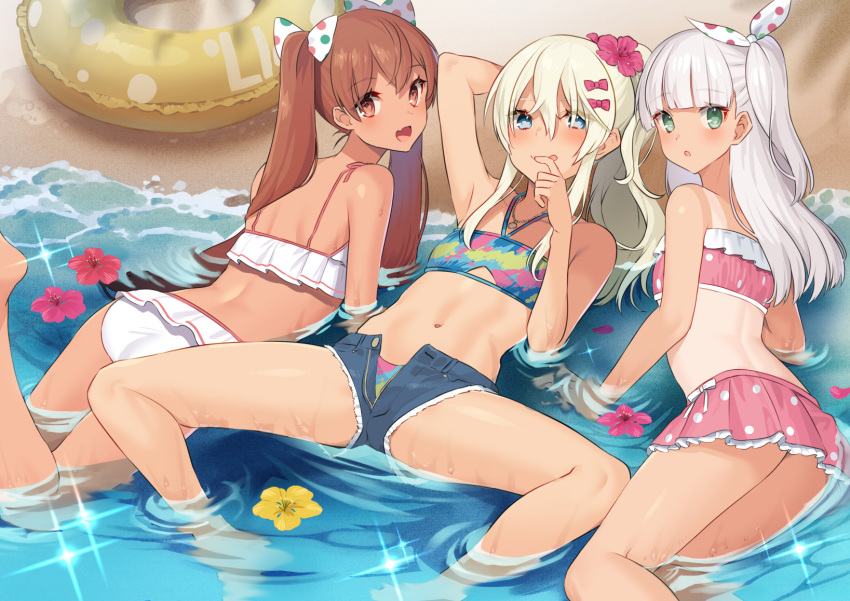 3girls ass bangs bare_legs barefoot beach bikini blonde_hair blue_bikini blue_eyes blunt_bangs blush breasts brown_eyes brown_hair closed_mouth collarbone commentary_request denim denim_shorts eyebrows_visible_through_hair fang flower frilled_bikini frills grecale_(kantai_collection) green_eyes hair_between_eyes hair_flower hair_ornament hair_ribbon halter_top halterneck heart heart-shaped_pupils highres innertube kantai_collection libeccio_(kantai_collection) long_hair looking_at_viewer lying maestrale_(kantai_collection) mizuki_eiru_(akagi_kurage) multiple_girls navel on_back on_side on_stomach one-piece_tan one_side_up open_fly open_mouth outdoors partially_submerged pink_bikini ribbon sand shallow_water short_shorts shorts side_ponytail silver_hair small_breasts smile spread_legs striped swimsuit swimsuit_under_clothes symbol-shaped_pupils tan tanline tongue tongue_out twintails unzipped water waves wavy_hair wet white_bikini