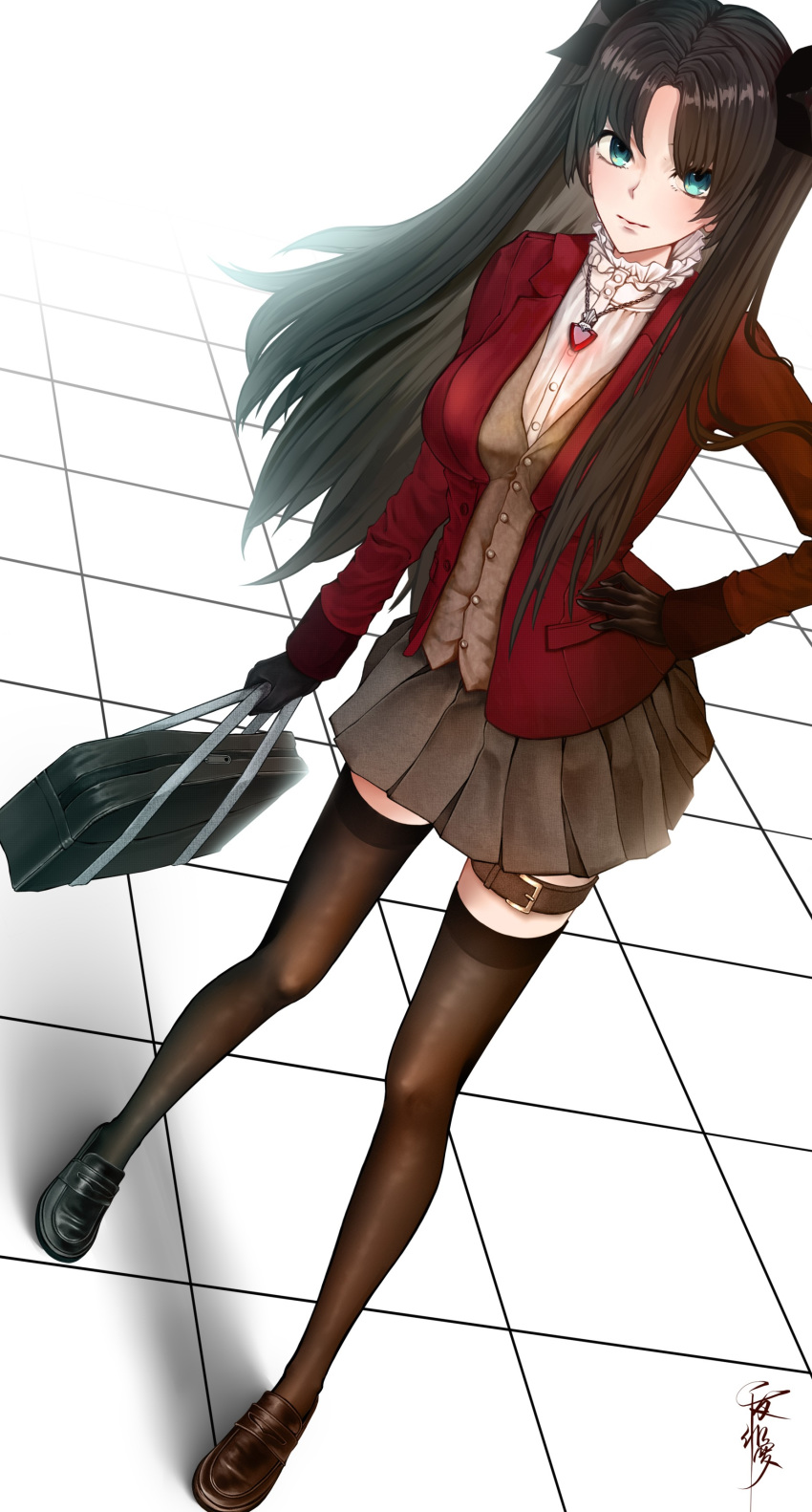 1girl absurdres alternate_costume bag belt_buckle black_footwear black_legwear black_ribbon black_skirt breasts brown_gloves brown_hair buckle collar contrapposto dutch_angle fate/stay_night fate_(series) formalcraft frilled_collar frills gloves hand_on_hip highres large_breasts loafers long_hair looking_at_viewer pleated_skirt ribbon school_bag school_uniform senyahiro shoes skirt solo thigh-highs thigh_strap tile_floor tiles tohsaka_rin twintails
