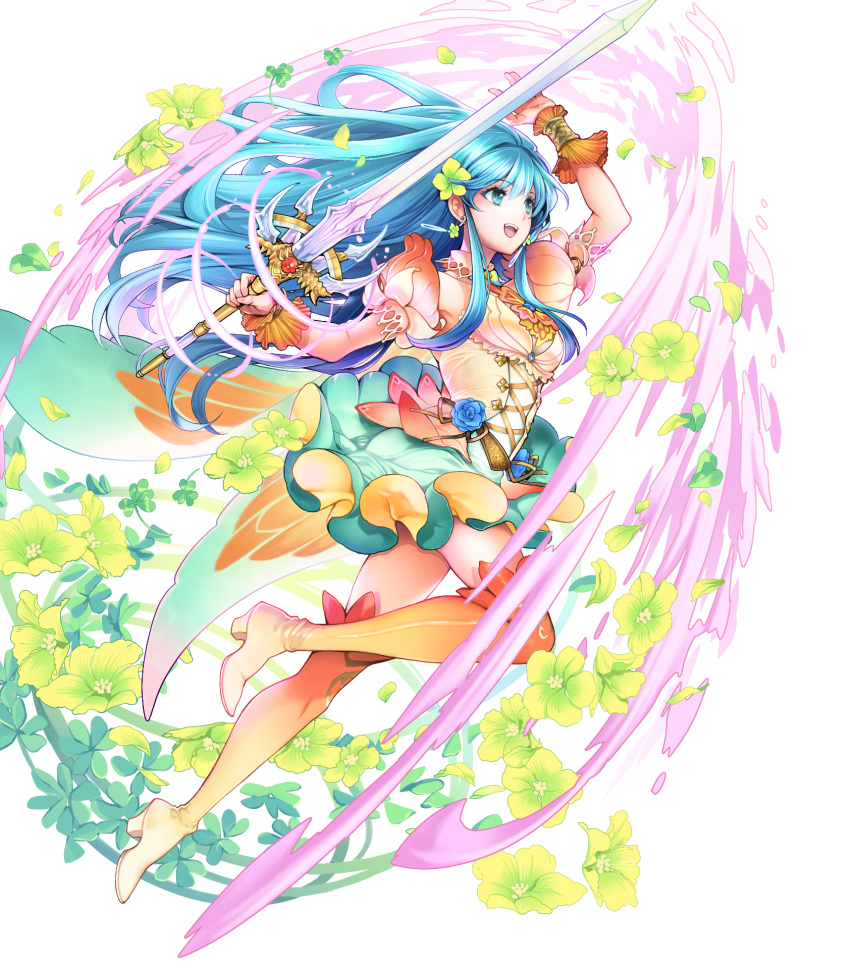 1girl aqua_hair artist_request bangs bare_shoulders blue_eyes boots bracelet breasts earrings eirika_(fire_emblem) fingernails fire_emblem fire_emblem:_the_sacred_stones fire_emblem_heroes flower frills full_body gradient gradient_clothes hair_flower hair_ornament highres jewelry long_hair medium_breasts miniskirt official_art shiny shiny_hair skirt solo thigh-highs thigh_boots transparent_background wrist_cuffs zettai_ryouiki