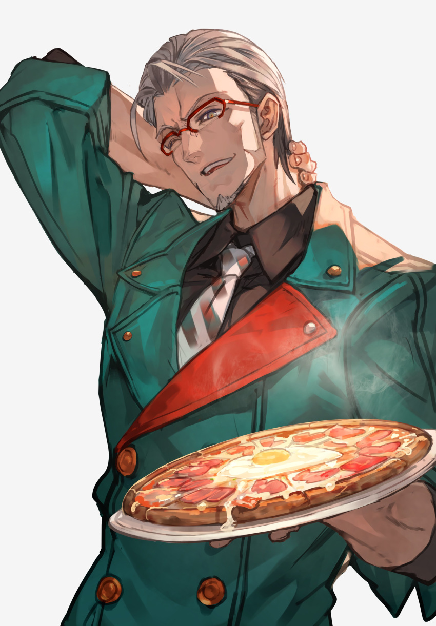 1boy absurdres arurandis facial_hair food fried_egg glasses green_eyes green_jacket grey_hair hand_behind_head highres holding holding_food holding_pizza holding_plate holostars jacket lack male_focus necktie one_eye_closed open_mouth pizza plate short_hair simple_background smile solo standing upper_body virtual_youtuber