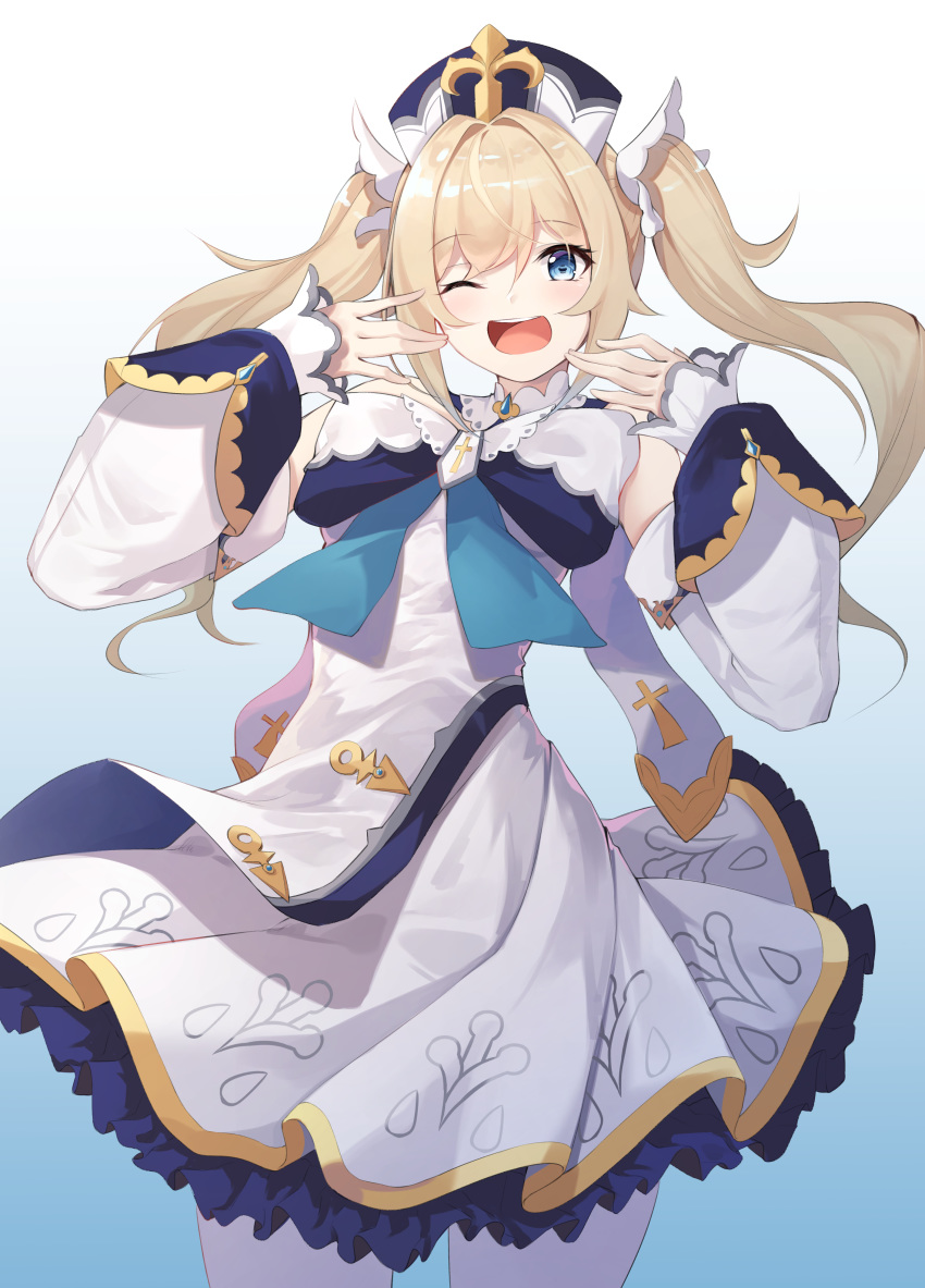 1girl absurdres barbara_(genshin_impact) blonde_hair blue_eyes detached_sleeves dress facing_viewer genshin_impact highres looking_at_viewer open_mouth pantyhose puffy_sleeves smile solo twintails white_dress white_legwear z_loader