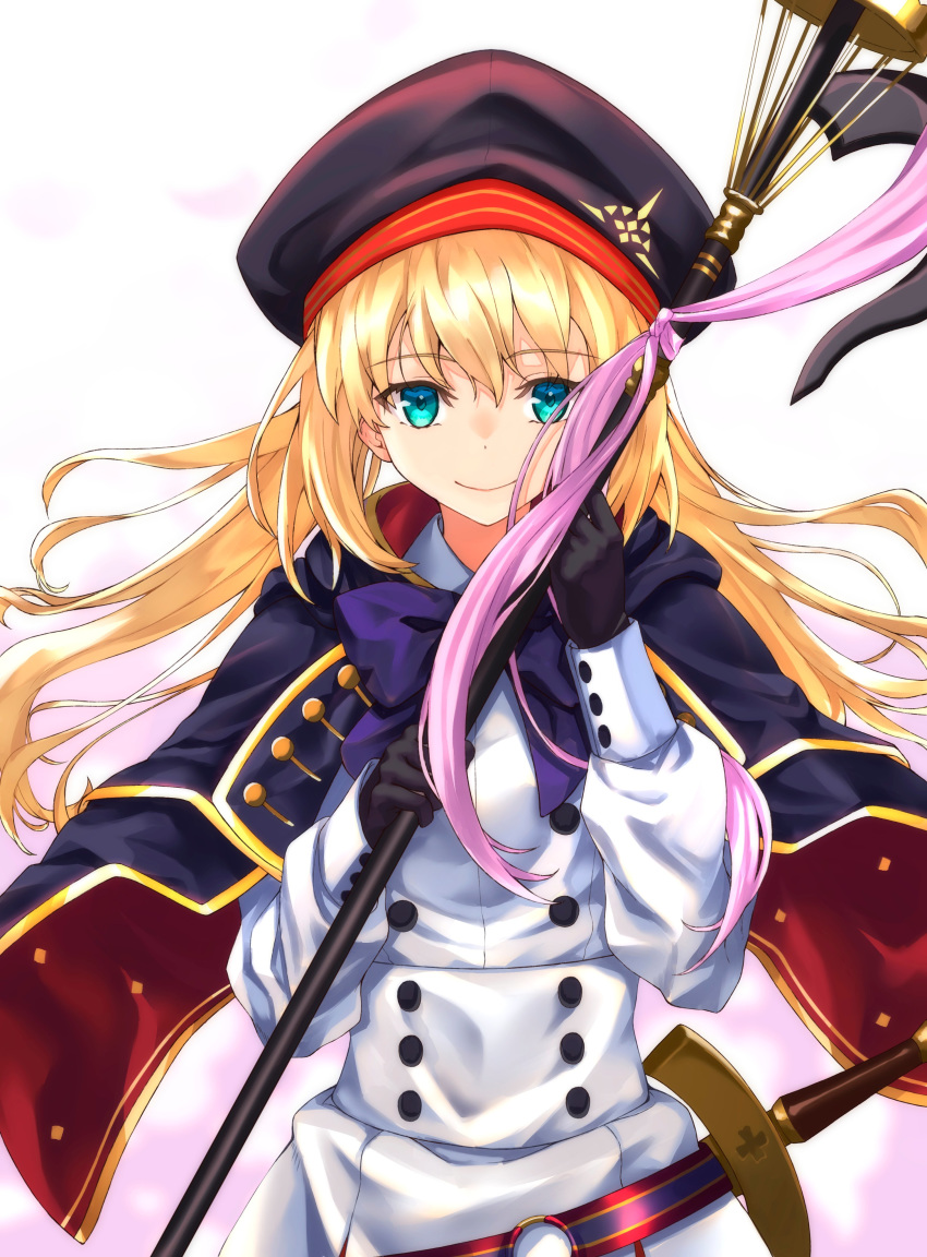 1girl absurdres artoria_pendragon_(all) artoria_pendragon_(caster) beret black_gloves blonde_hair blue_eyes bow capelet fate/grand_order fate_(series) gloves hat highres long_hair smile staff sword weapon yu_sa1126