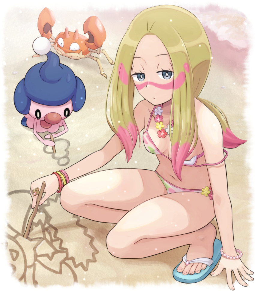 1girl :o absurdres aqua_footwear bikini blonde_hair bracelet commentary_request drawing eyelashes facepaint flip-flops flower flower_necklace full_body gen_1_pokemon gen_4_pokemon half-closed_eyes highres holding holding_stick jewelry krabby long_hair matsurika_(pokemon) mime_jr. multicolored_hair navel necklace off_shoulder pink_hair pokemoa pokemon pokemon_(creature) pokemon_(game) pokemon_sm ring sand sandals squatting stick swimsuit toenails toes two-tone_hair