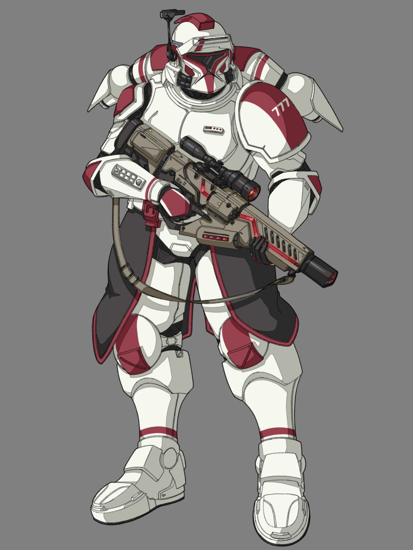 1boy armor brups_tv clone_trooper commission english_commentary grey_background gun helmet highres holding holding_gun holding_weapon looking_to_the_side original solo standing star_wars visor weapon