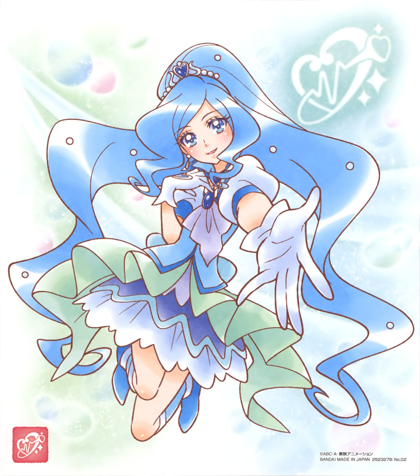 1girl :d bangs blue_eyes blue_footwear blue_hair blue_vest cure_fontaine dress floating_hair gloves hair_ornament healin'_good_precure heart heart_hair_ornament highres jewelry layered_dress long_hair looking_at_viewer official_art open_mouth outstretched_arm pendant precure reaching_out shiny shiny_hair short_dress short_sleeves smile solo swept_bangs very_long_hair vest white_background white_dress white_gloves white_sleeves