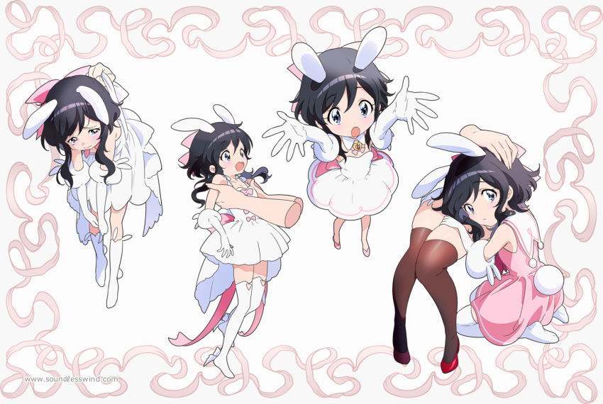 1girl animal_ears bare_shoulders black_hair boots bow brooch bunny_tail closed_mouth commentary crying detached_collar disembodied_limb dress elbow_gloves english_commentary eyebrows_visible_through_hair gloves hair_bow hand_on_another's_head jewelry kaze-hime knee_boots lap_pillow multiple_views no_shoes original outstretched_arms pikkorin_bunny_(kaze-hime) pink_dress pink_footwear rabbit_ears reaching_out seiza shoes sitting sleeveless sleeveless_dress surprised tail tears thigh-highs violet_eyes watermark web_address white_dress white_footwear white_gloves white_legwear