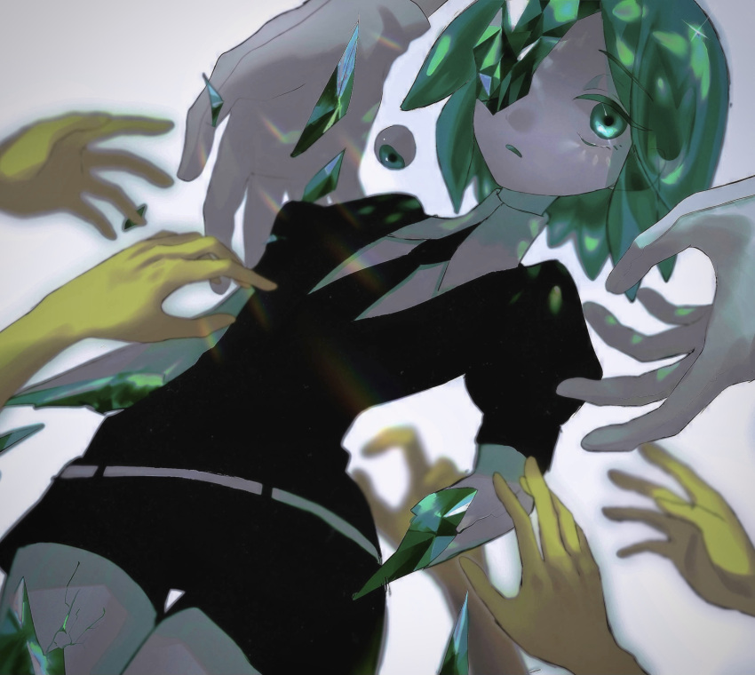 1other black_necktie black_shorts collared_shirt colored_eyelashes commentary_request cowboy_shot cracked_skin crystal_hair disembodied_eye disembodied_limb eyebrows_visible_through_hair gloves green_eyes green_hair hands highres houseki_no_kuni mariya_(mn_436) missing_limb necktie one-eyed other_focus pale_skin parted_lips phosphophyllite puffy_short_sleeves puffy_sleeves reaching shards shiny shiny_hair shirt short_hair short_shorts short_sleeves shorts solo_focus white_background white_gloves