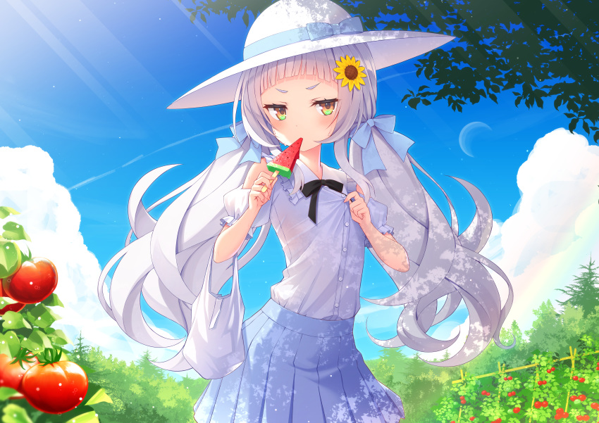 1girl absurdres bag bangs black_bow black_neckwear blue_bow blue_ribbon blue_sky blunt_bangs blush bow brown_eyes buttons clouds commentary_request day eating flower food hair_bow hair_flower hair_ornament hat hat_bow hat_ribbon highres hololive huge_filesize long_hair looking_at_viewer low_twintails murasaki_shion plastic_bag pleated_skirt popsicle ribbon sasakura_momiji shirt short_sleeves silver_hair skirt sky solo summer sun_hat sunflower tomato tree twintails virtual_youtuber watermelon_bar white_shirt