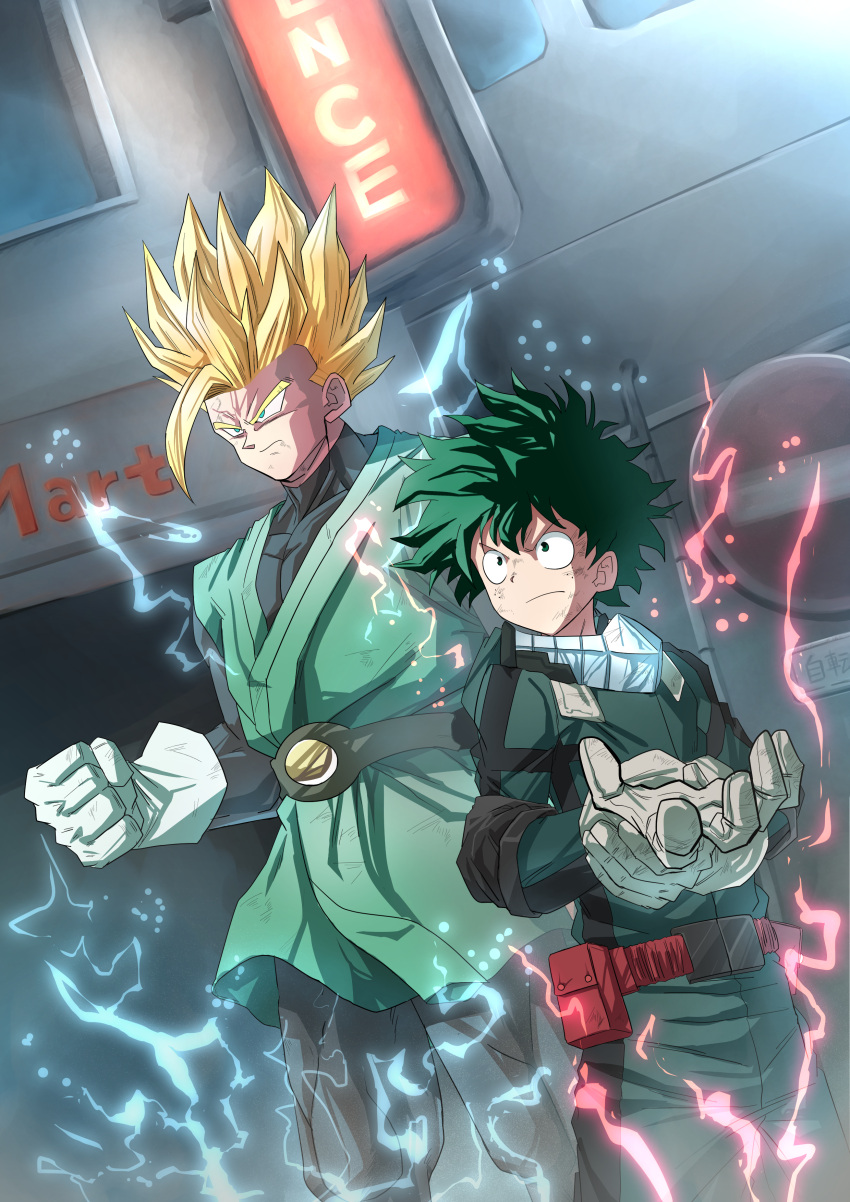 2boys absurdres blonde_hair boku_no_hero_academia crossover dragon_ball dragon_ball_z electricity gloves green_eyes green_hair green_theme greymon_(nodoame1215) highres midoriya_izuku multiple_boys son_gohan super_saiyan superhero white_gloves