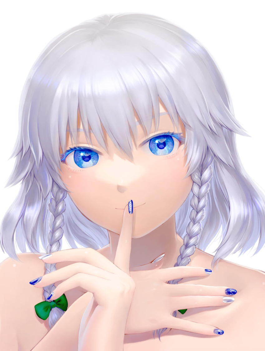 1girl bangs bare_shoulders blue_eyes blue_nails bow eyelashes face finger_to_mouth green_bow hair_between_eyes hair_bow hair_flaps hands highres izayoi_sakuya kageharu looking_at_viewer medium_hair nail_polish silver_hair simple_background smile solo touhou twintails white_background white_nails