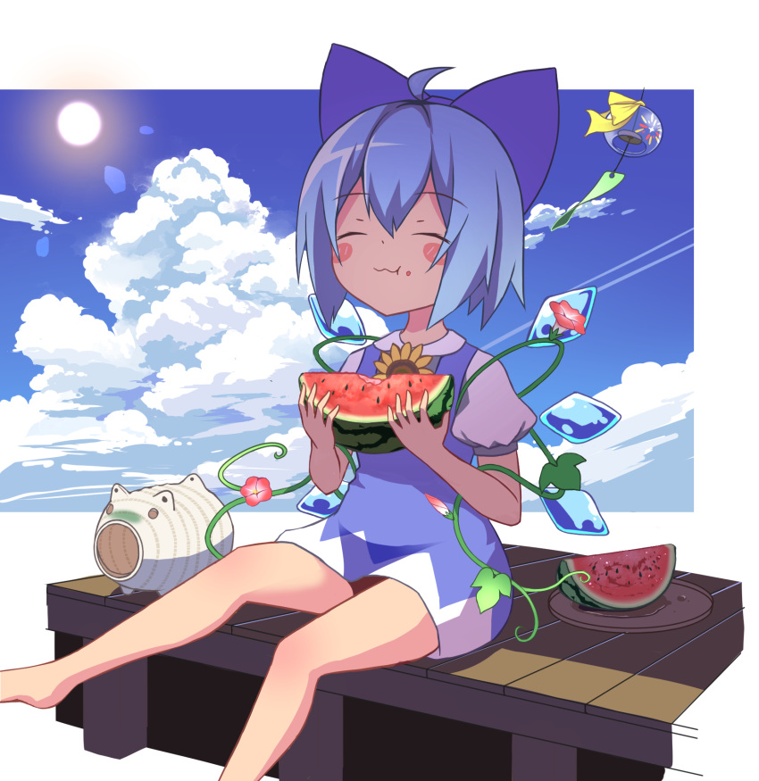 1girl :t ahoge arms_up barefoot blue_dress blue_hair blue_sky blush_stickers cirno closed_eyes clouds commentary day dress eating eyebrows_visible_through_hair flower food foot_out_of_frame fruit hair_ribbon highres holding holding_food kayari_buta leg_lift lens_flare morning_glory outdoors pinafore_dress puffy_short_sleeves puffy_sleeves ribbon shirt short_dress short_hair short_sleeves sitting sky solo sun touhou tsuri_buta watermelon white_shirt wind_chime wings