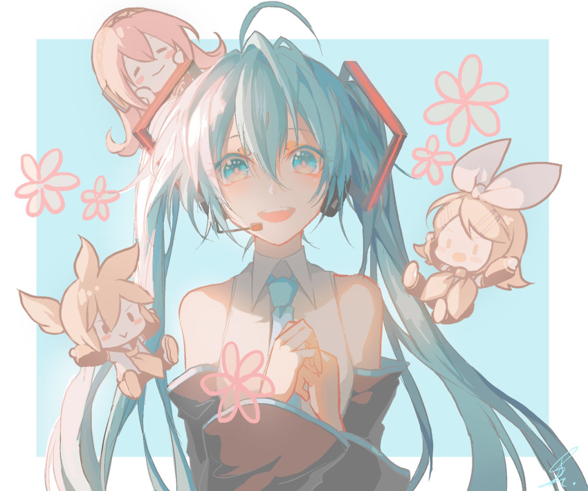 1boy 3girls :&gt; =_= aqua_eyes aqua_hair aqua_neckwear arms_up bangs bare_shoulders black_collar black_sleeves blonde_hair blue_background blush_stickers bow closed_eyes collar commentary detached_sleeves floating flower hair_bow hair_ornament hands_together hatsune_miku head_rest headphones headset highres kagamine_len kagamine_rin long_hair looking_at_viewer megurine_luka miniboy minigirl multiple_girls neckerchief necktie on_head open_mouth pink_hair saihate_(d3) sailor_collar shirt short_hair short_ponytail short_sleeves sleeveless sleeveless_shirt smile solid_oval_eyes spiky_hair swept_bangs twintails upper_body v-shaped_eyebrows very_long_hair vocaloid white_bow white_shirt yellow_neckwear