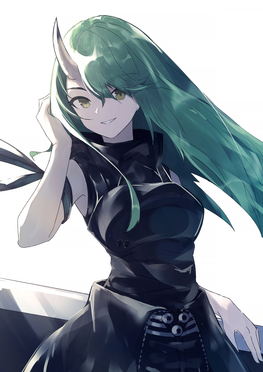 1girl absurdres arknights arm_ribbon armor bangs bare_arms black_ribbon black_shirt breastplate commentary_request eyebrows_visible_through_hair green_hair grey_eyes grin hair_between_eyes hand_up high_collar highres horns hoshiguma_(arknights) long_hair looking_at_viewer partial_commentary ribbon shirt simple_background single_horn sleeveless sleeveless_shirt smile solo ssautwoarkio upper_body white_background