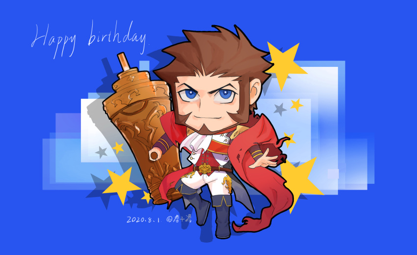 1boy beard belt blue_eyes boots brown_hair cannon chibi collar cravat epaulettes facial_hair fate/grand_order fate_(series) fringe_trim goatee happy_birthday highres huge_weapon long_sleeves looking_at_viewer male_focus napoleon_bonaparte_(fate/grand_order) pants sash sideburns solo weapon white_pants zhanzidan